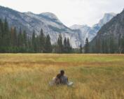 couple in the middle of a field looking at the mountains surrounded by pine trees